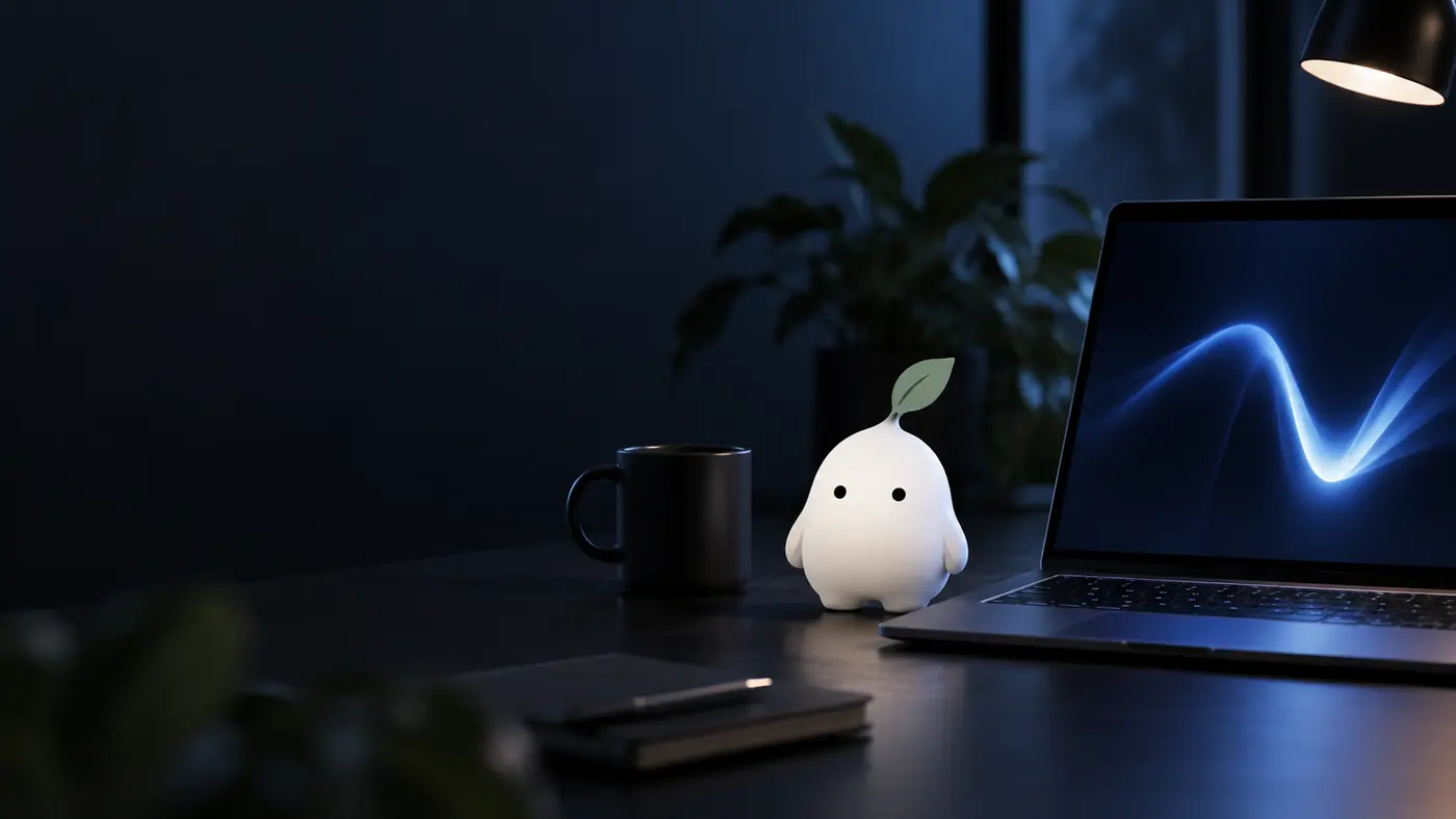A dark workspace with a laptop, mug, and a small Negix mascot