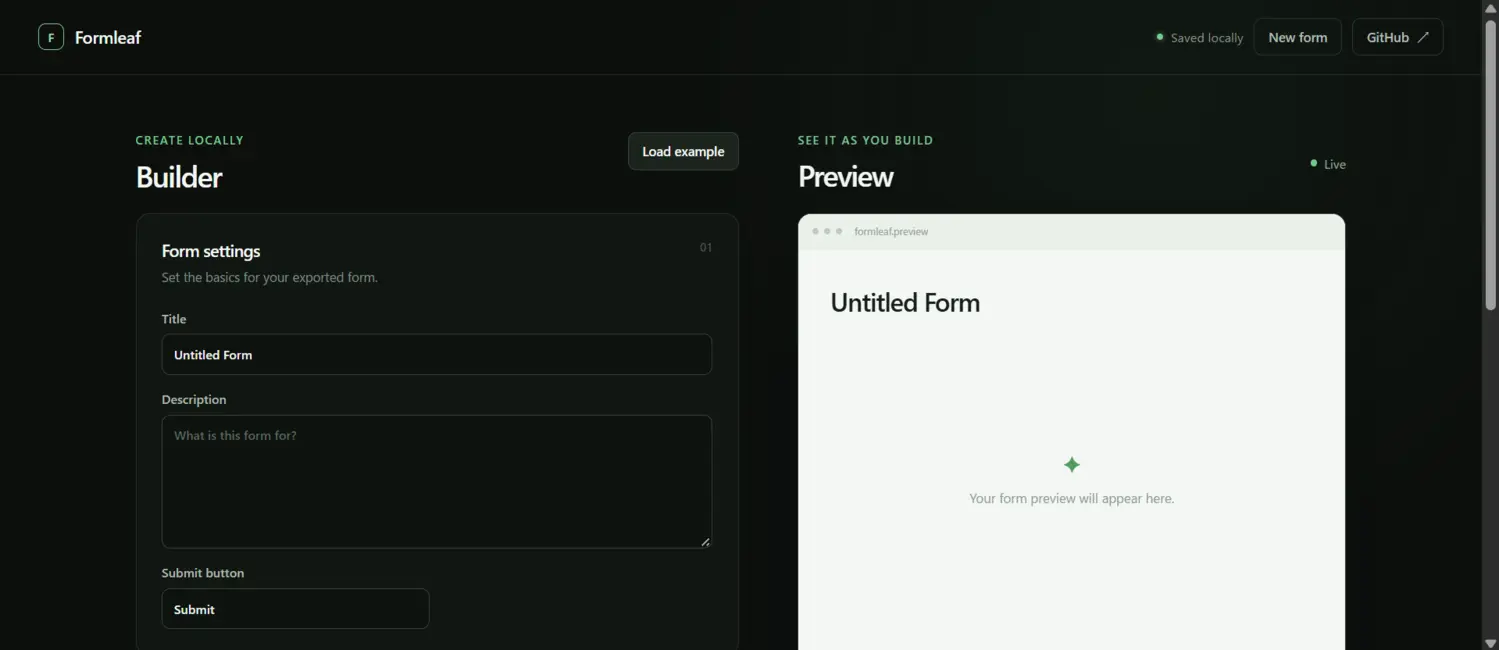 Formleaf form builder with a live preview panel