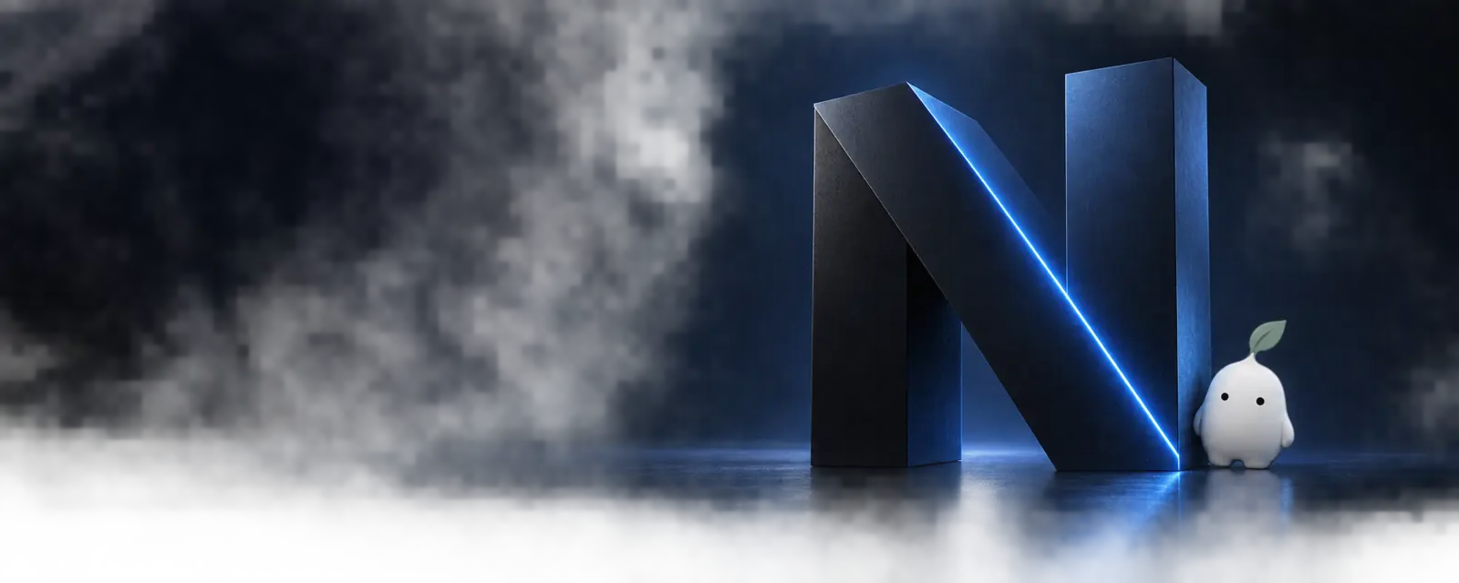 A geometric N sculpture with an electric blue edge and the Negix mascot