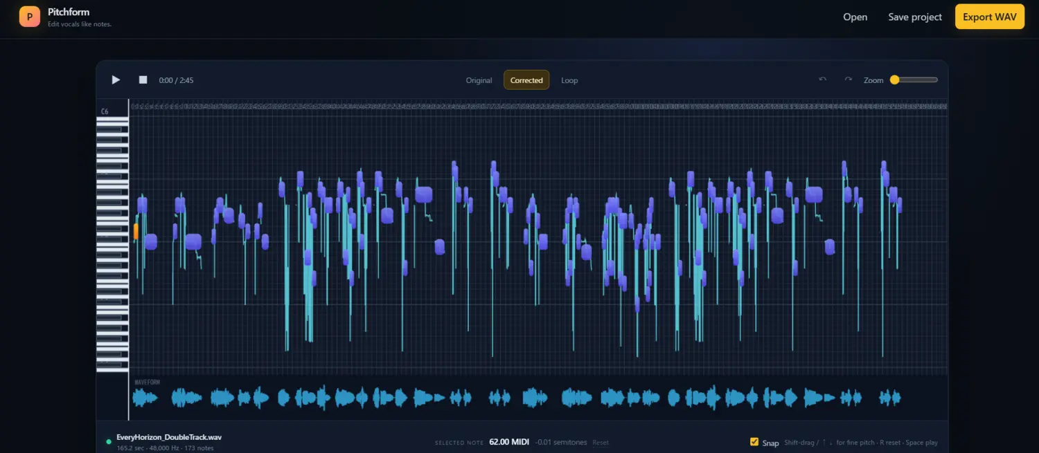 Pitchform visual vocal editor showing editable pitch notes and waveform